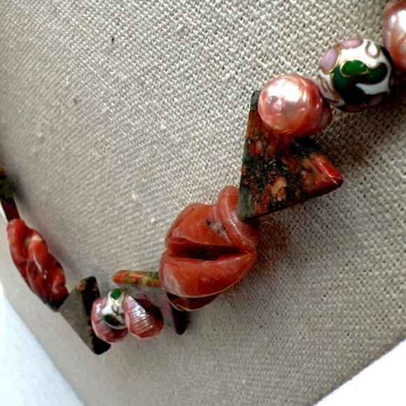 Handcrafted Unakite Pink Opal Pink Pearls & Cloisonné Beads Necklace.   B50 - Picture 15 of 16